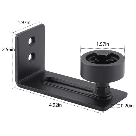 Sliding Barn Door Floor Guide With Adjustable Roller Wall Mount Eight Assembly Options Flush Bottom Design Black Finish Built Tough Carbon Steel Track And Nylon Roller System For Quiet Smooth Everyday Use