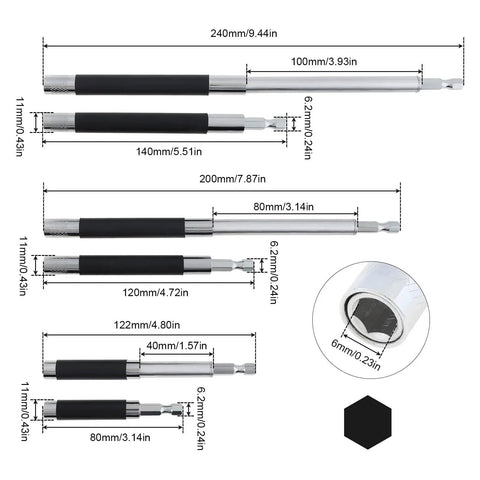 ChgImposs 3pc magnetic screw-drive drill bit tip holder extension bar set; 80/120/140 mm, black grips, chrome barrels