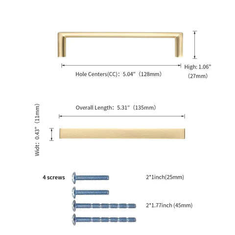 Diagram showing 10 Pack 5 Inch Brushed Gold Cabinet Pulls Zinc Alloy Handles dimensions and included screws with 128mm center to center.