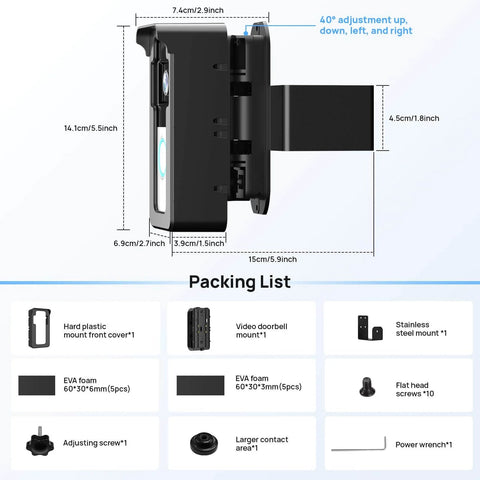 No Drill Doorbell Mount Anti Theft Holder For Video Doorbells With 3 Way Adjustable Base Left Right Down And 40 Degree Rotation dimensions and components