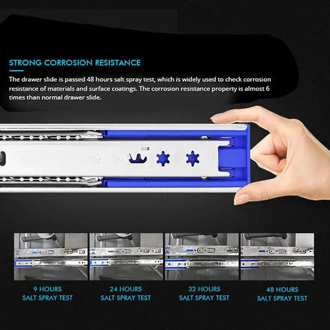 10 Pairs Of Twenty Inch Hardware Three Section Soft Close Full Extension Ball Bearing Side Mount Drawer Slides With 100 Pound Capacity And Zinc Plated Finish Includes Mounting Screws For Spare Use Brackets Sold Separately shown in corrosion resistance test.