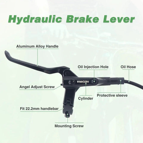 Side view of MTB hydraulic brake lever with aluminum alloy handle and oil hose with protective sleeve.