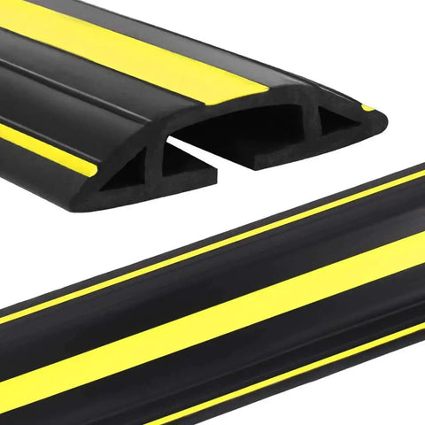 10 Foot Floor Cable Cover Protector Pro Grade Heavy Duty PVC Duct with yellow stripes, designed to prevent trip hazards indoors and outdoors.