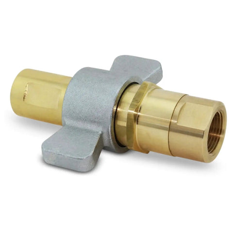 Heavy-Duty 1 Inch NPT Wet-Line Wing Nut Hydraulic Quick Disconnect Coupler Set with brass body and steel sleeve on white background