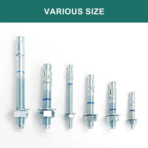Various sizes of zinc-plated concrete wedge anchor bolts shown, including Three Eighths Inch By Five Inches Concrete Wedge Anchors Bolts Zinc Plated 25 Pack Heavy Duty Carbon Steel Masonry Anchors For Secure Mounting In Concrete And Structural Installations.