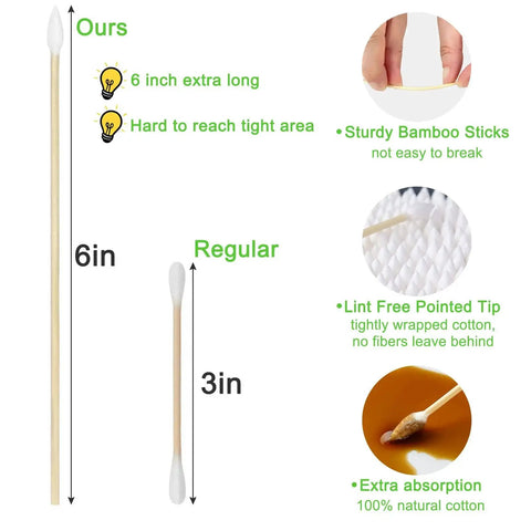 Comparison of 6 Inch FSC Bamboo Cotton Swabs With Precision Tips and regular swabs, highlighting features and benefits on white background.