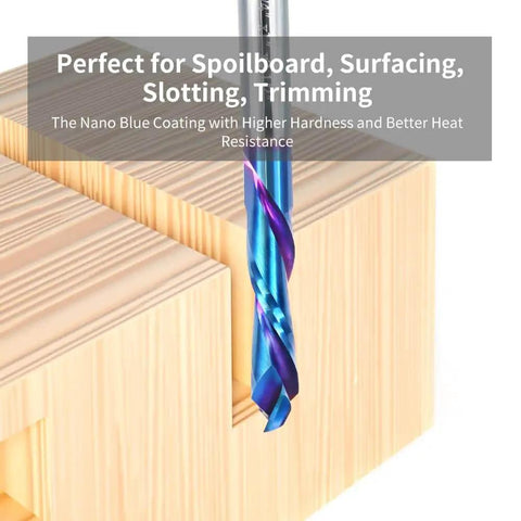 Up Down Cut Spiral Compression Router Bit With One Quarter Inch Shank And One Quarter Inch Cutting Diameter, One Inch Cutting Length, Two And A Half Inch Total Length, Solid Carbide Dope Nano Blue Coated For CNC Routers cutting wood