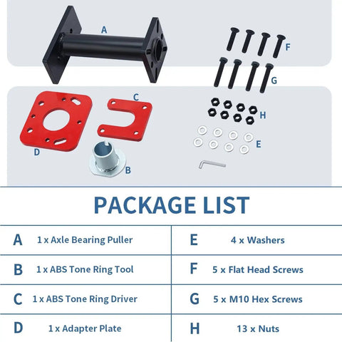Package contents of Rear Axle Bearing Puller And Installer Kit With ABS Tone Ring Tool, showing axle bearing puller, screws, washers.