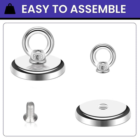 Components of Six Pack Neodymium Fishing Magnets 100 Lb Pull For River Retrieval, showing magnets, eye bolt, and base plate.