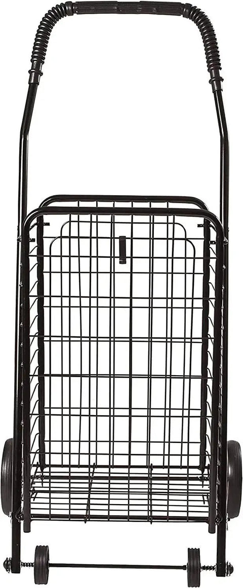 Black folding shopping cart with wheels for grocery and laundry, lightweight yet durable trolley holds up to 90 lbs