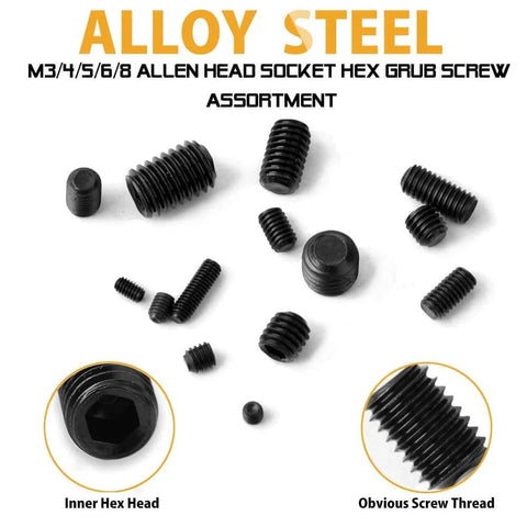 Various sizes of 200 Piece Grub Screw Kit M3 M4 M5 M6 M8 Metric Hex Socket Head Cap Screws With Wrenches Durable Alloy Steel Cup Point Hex Drive Assortment Set For Your Home Shop DIY Projects on display