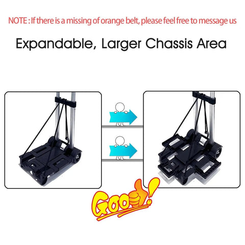 Extendable Car Seat Travel Cart For Airports With Folding Stowable Base Plate And Smooth Wheels shown folded and expanded