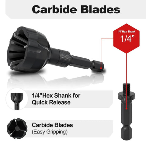 Must Have Pro Deburring External Chamfer Tool Set With Tungsten Carbide Blade For One Eighth To Three Quarters Inch Bolts Burr Removal For Metal Chamfer Bit With Hex Shank Bolt Thread Repair 2 Pack shown with hex shank and carbide blades