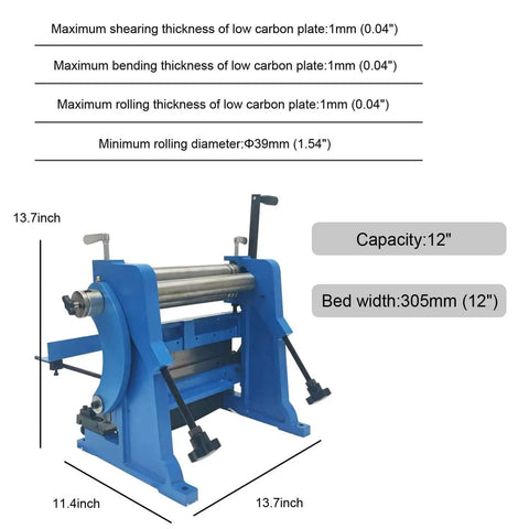 All In One Sheet Metal Brake Shear And Slip Roll Machine 3 In 1 Bender Cutter Roller For Steel Plate 1mm 20 Gauge Capacity With 12 Inch Bed Width.