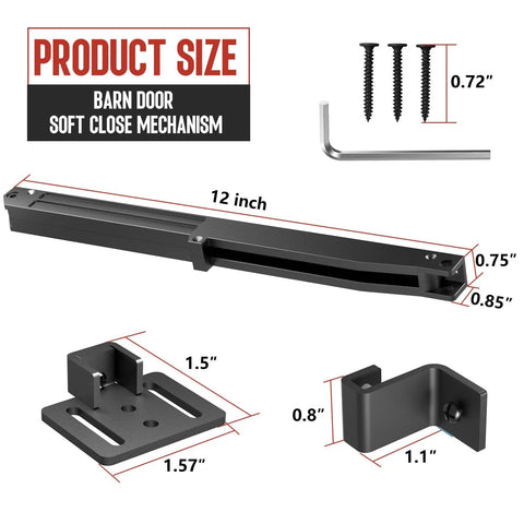 No-Drill Sliding Barn Door Soft Close Kit product dimensions, includes adjustable stopper, screws, and Allen wrench for flat track.