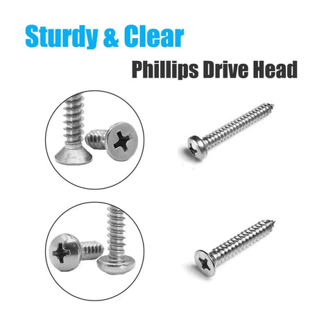 Close-up of Philips drive head screws from the 815 Piece Stainless Steel Self Tapping Screw Set with 24 Sizes M3 to M6.