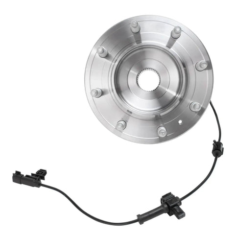 4WD Front Wheel Bearing Hubs Kit For 2011 To 2019 Chevy Silverado 2500 HD 3500 HD And GMC Sierra 2500 HD 3500 HD With 2 Wheel Hubs Assembly Replacement, top view showing 8-bolt hub and ABS sensor cable