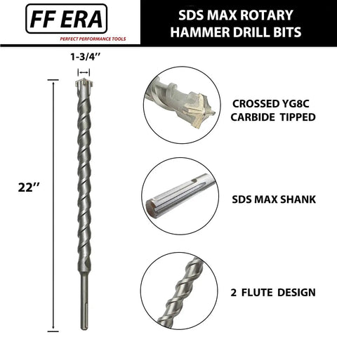 Beefy One and Three Quarters Inch by Twenty Two Inch SDS Max Rotary Hammer Drill Bit with U Flute Carbide Tipped Masonry Bit