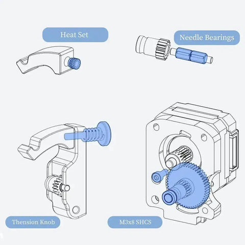 Technical diagram of Dual Gear Extruder Hardware Kit For 3D Printer Upgrades compatible with BMG extruders and high precision feed.