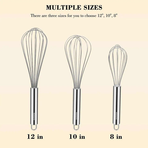 Go-To Stainless Steel Balloon Whisk Set in 8 Inch, 10 Inch, and 12 Inch Sizes - 3 durable rust-resistant wire whisks displayed vertically