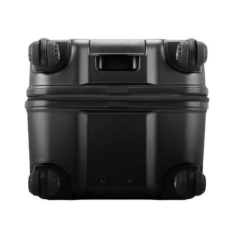 Bottom view of Ultimax II 26 Inch Spinner Luggage With Tie Down Straps Matte Black Built To Last Durable Polycarbonate Hardside Case