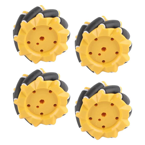 Mecanum Wheel Set For Omni Directional Robot Car, 80mm Rubber Coated Wheels For TT Motors, Yellow And Black, Two Pairs Included.