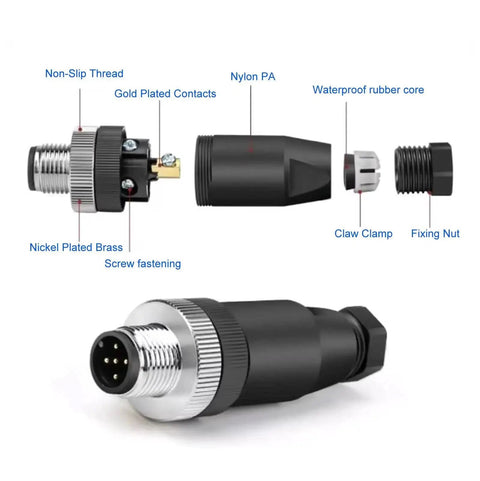 Industrial M12 8 Pin Male Connector 12mm A Code IP67 30V 2A Circular Sensor Cable Connector shown with gold plated contacts and nylon PA