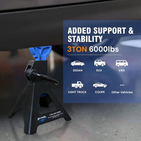 3 Ton Heavy Duty Car Jack Stands Set With Adjustable Height From 11.22 To 16.77 Inches For Lifting SUVs Small Trucks And Pickups Up To 6,000 Lb Each For Safe Automotive Maintenance shown under a vehicle close-up view.