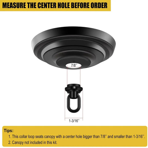 Heavy Duty Die Cast Cross Bar Kit With Screw Collar Loop Canopy Hardware Set For Light Fixtures Easy Install Black Finish Ceiling Hook Loop Holder 1 Pack Includes All Hardware For Home And Commercial Use showing canopy and hook dimensions.