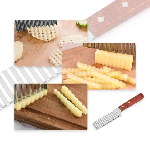 Crinkle Cutter Knife With Wavy Blade For Veggies And Potatoes Handheld Chopper Stainless Steel 2CR13 With Wooden Handle Kitchen Slicer For French Fries Carrot And Fruit Prep showing crinkle-cut vegetables on wooden cutting board.