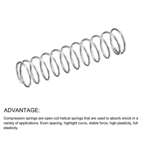 Compression spring, 0.4 mm wire, 5 mm outer diameter, 25 mm free length, 10 pcs, 304 stainless steel, silver.