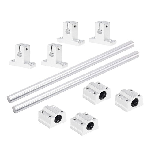Two 8mm x 400mm silver aluminum linear motion rods with four SCS8UU bearings and four SK8 rail supports