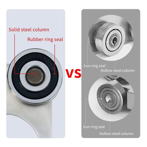 Comparison of Four Wheel Hoist Roller Trolley Assembly With Bearing For Strut Channel featuring solid and hollow steel columns with seals.
