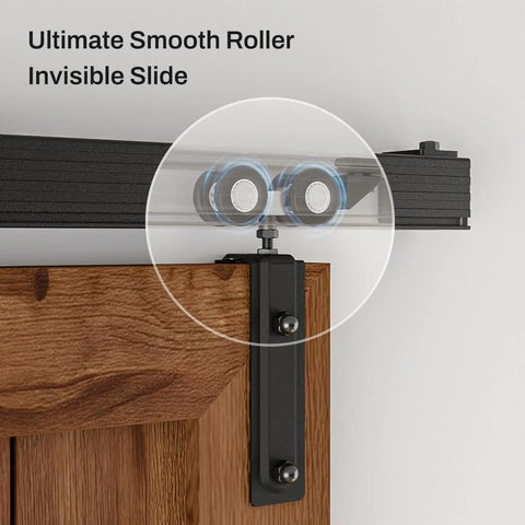 Close-up of 10 Foot Double Barn Door Hardware Kit Box Rail Wall Mount Exterior Beefy Heavy Duty Aluminum Track roller on wood door.