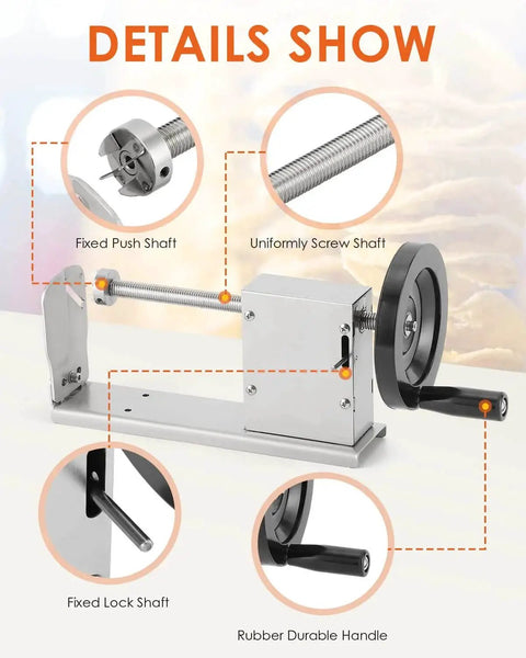 Detailed view of 3 In 1 Manual Tornado Potato Slicer With Spiral Cutter And Twisted Cutter For Curly Fries, showcasing components and handle.