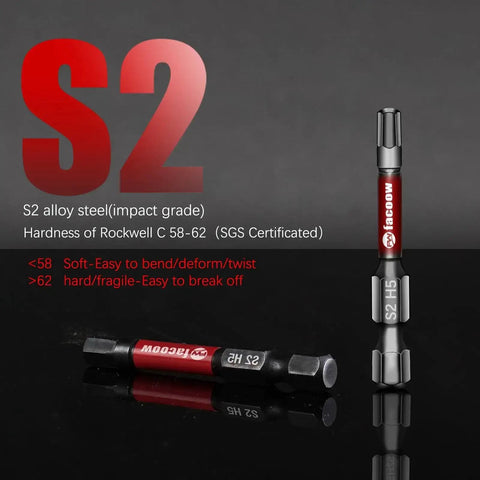 Close-up of S2 steel hex bit from 21 Piece Pro Grade Impact Hex Bit Set For Tools With 2 Inch Long SAE And Metric S2 Tool Steel Allen Wrench Bits Magnetic Tips CNC Machined One Quarter Inch Hex Shank Bits With Bit Holder And Storage Box.