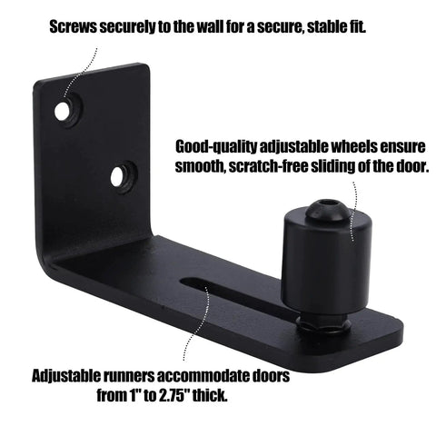 Close-up view of Two Pack Sliding Barn Door Floor Guides with Adjustable Rollers, showing black carbon steel construction and mounting.