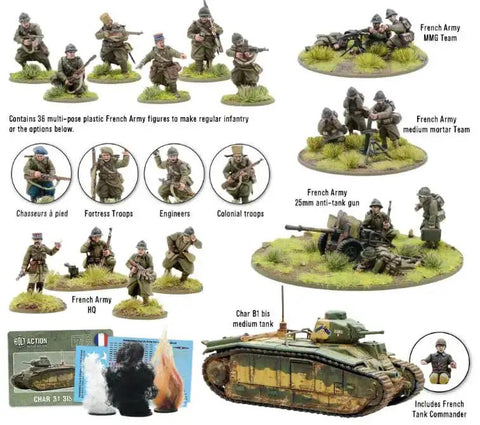 Bolt Action French Army Starter Army 1 To 56 Scale Tabletop Miniatures Plastic Paintable WWII Soldiers Set with tank and infantry