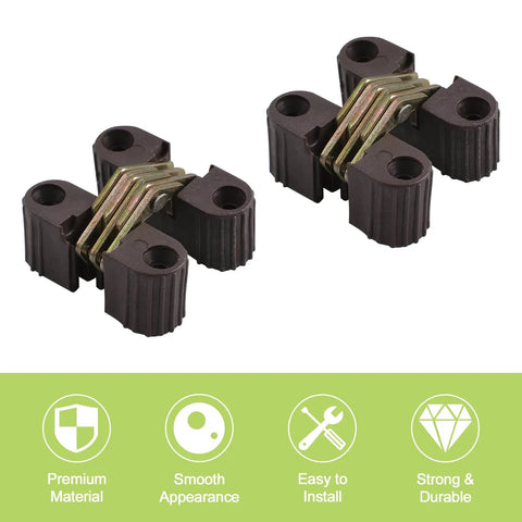 Two Hidden Barrel Cross Hinges for Cabinets and Tables, showing 180 degree fold, durable plastic and metal construction.