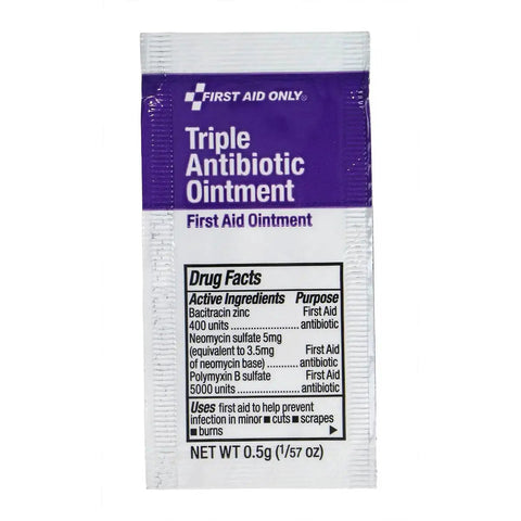 Triple antibiotic ointment packet from OSHA Compliant 191-Piece First Aid Kit for minor cuts and scrapes.