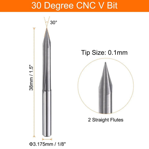 Pro Grade CNC V Bit Set Five Pack 30 Degree One Eighth Inch Shank 0.1mm Tip Carbide Engraving Bits with size details