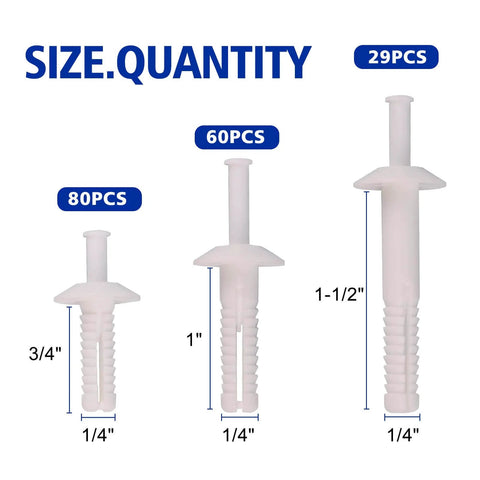 Nylon Nail Drive Anchor Set, 169 Pieces, Multi Size Quarter Inch By Three Quarter Inch, Quarter Inch By One Inch, Quarter Inch By One And A Half Inch, Nylon And POM Construction