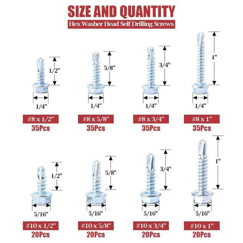 Zinc Plated Hex Washer Head Self Drilling Sheet Metal Screws Assortment Kit including Number Eight and Number Ten sizes with dimensions.