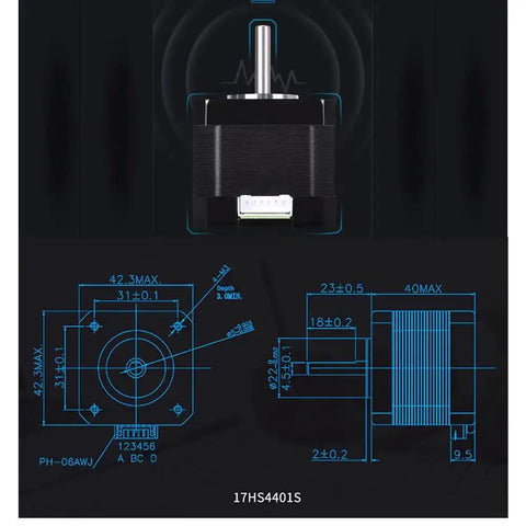 Beefy Torque Stepper Motor With 1m Cable, technical diagram showing specs for 3D printers CNC routers, laser engravers, robotics
