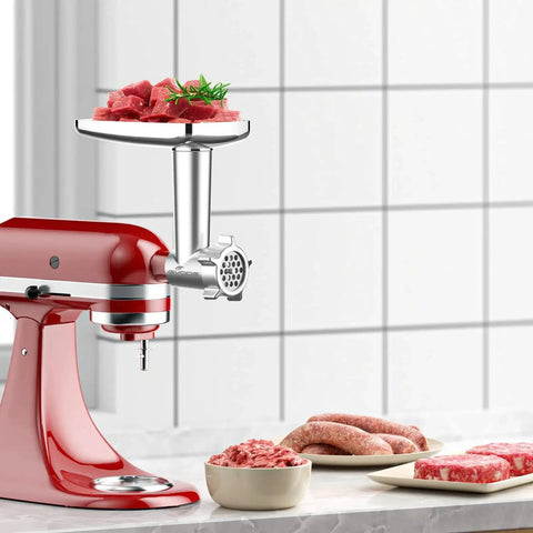 Metal Meat Grinder Attachment For KitchenAid Stand Mixers With Four Grinding Plates Three Sausage Stuffer Tubes Two Grinding Blades Food Grinder Attachment For Home Use And For Sausages Burgers Meatballs And Salsas