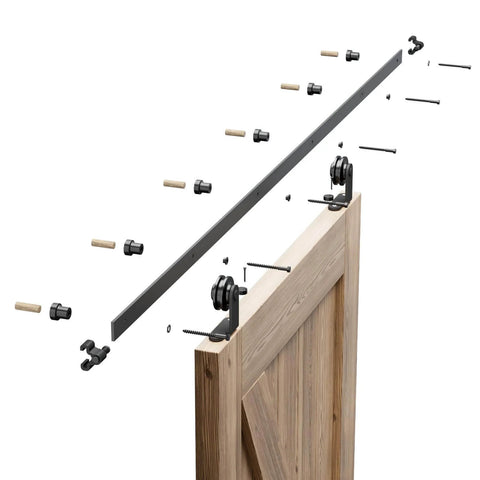 Exploded view of the 10 Ft Sliding Barn Door Hardware Kit For A Single Wood Door Heavy Duty Black T Shaped Track System DIY Home Renovation