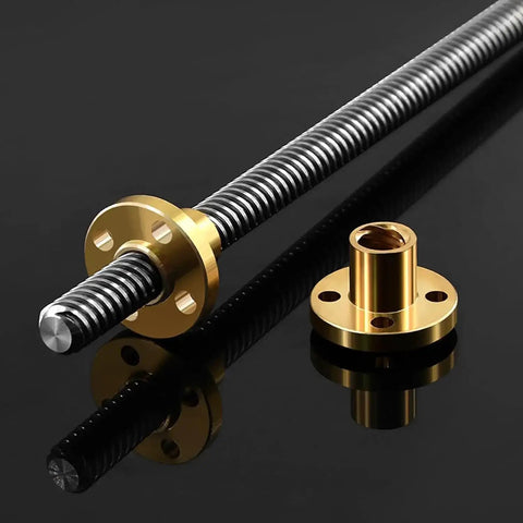 12mm Diameter Lead Screw With Brass Nut, 400mm Long, 2mm Pitch, 8mm Lead, 4 Starts, Acme Thread Precision Rod on black surface