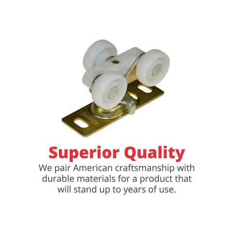 Close-up of Pro Grade Wall Mount Barn Door Hardware Kit nylon hanger on bracket, highlighting durability and quality.
