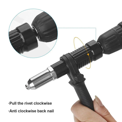 Pop Rivet Gun Adapter Kit For Cordless Drill Pro Grade Rivet Drill Attachment with instruction arrows and grip handle.