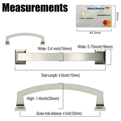 Brushed Satin Nickel Cabinet Pulls 4 Inch 102mm Hole Center Kitchen Cabinet Handles measurements showing length and width details